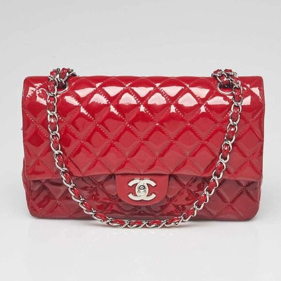Chanel Red Quilted Patent Leather Classic Medium Double Flap Bag - Picture 1 of 12